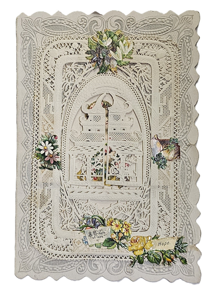 Vintage Antique Die Cut Valentine Card 1800s Paper Lace Embossed Chromolitho with Peek a Boo Window  & Poem