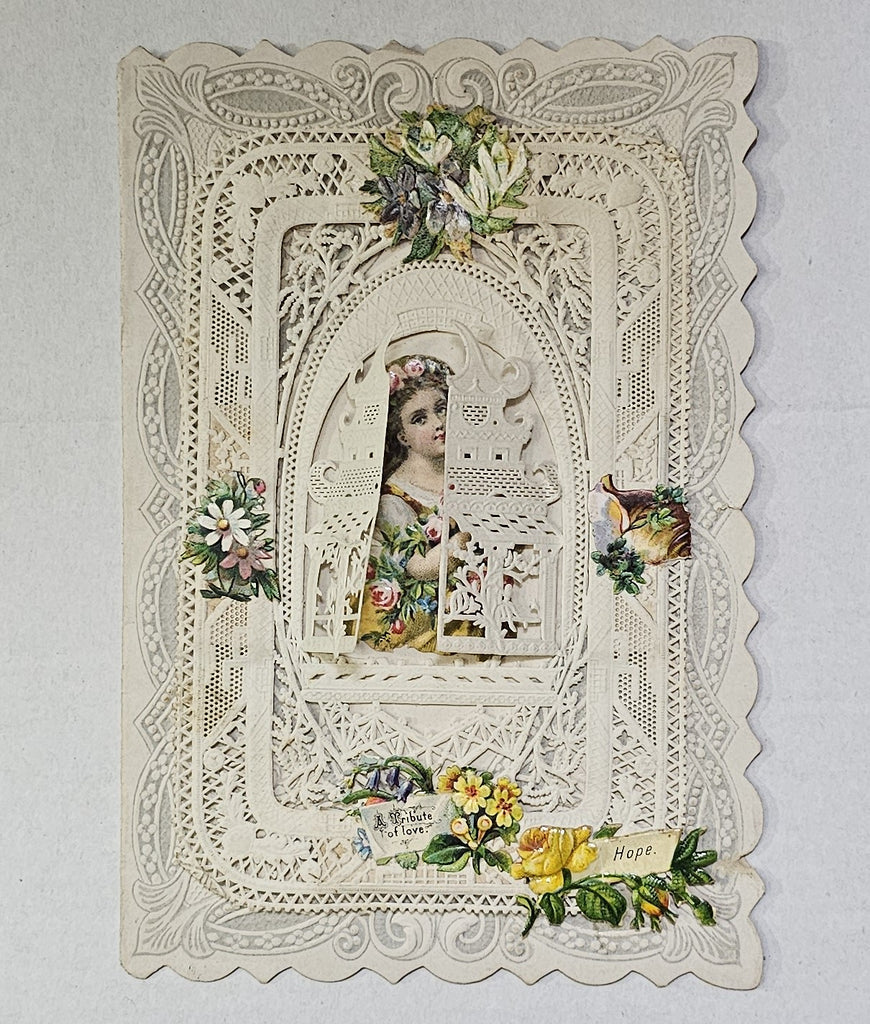 Vintage Antique Die Cut Valentine Card 1800s Paper Lace Embossed Chromolitho with Peek a Boo Window  & Poem