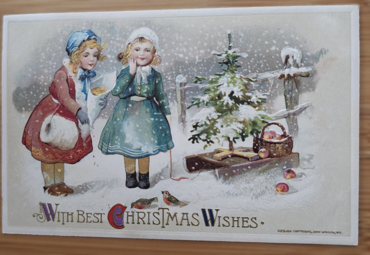 Vintage Christmas Postcard, Embossed  Antique Holiday Post Card, Winsch Publishing Little Girls in the Snow Feeding Birds