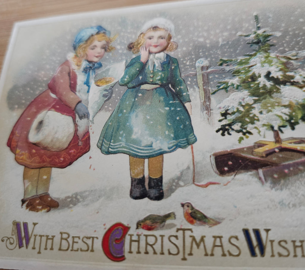 Vintage Christmas Postcard, Embossed  Antique Holiday Post Card, Winsch Publishing Little Girls in the Snow Feeding Birds