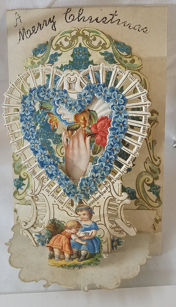 Vintage Christmas Mechanical Postcard, Antique Holiday Card, Rare Fold Down Die Cut Card with Hand Heart and Children