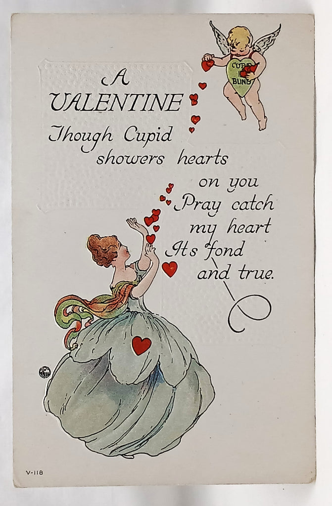 Antique Vintage Valentine Postcard, Cupid Showering Girl in Blue Gown with Hearts, Art Nouveau Style Poem Card