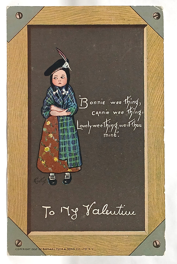 Antique Vintage Valentine Postcard, Bonnie Lass Scottish Girl with Poem, Artist Curtis Raphael Tuck Sons Pub