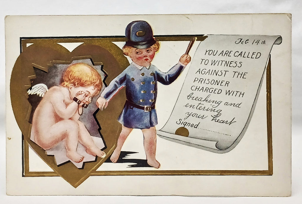 Antique Vintage Valentine Postcard, Little Boy as Police Officer Putting Cupid in Handcuffs Breaking and Entering Your Heart