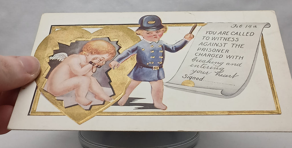 Antique Vintage Valentine Postcard, Little Boy as Police Officer Putting Cupid in Handcuffs Breaking and Entering Your Heart