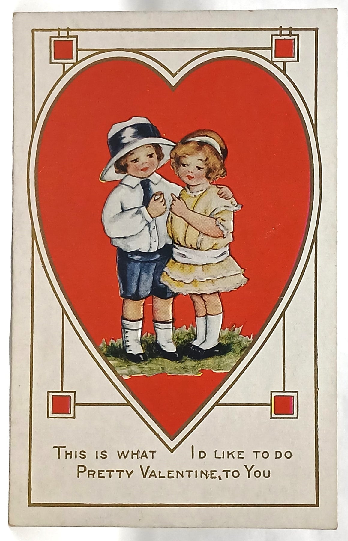 Antique Vintage Valentine Postcard, Boy and Girl in Giant Heart Holding Hands Sweet Note Whitney Publishing