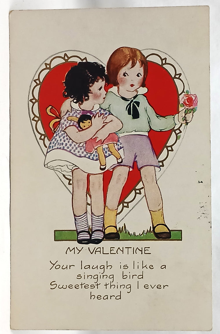 Antique Vintage Valentine Postcard, Little Boy with Arm Around Girl Holding Doll Whitney Publishing