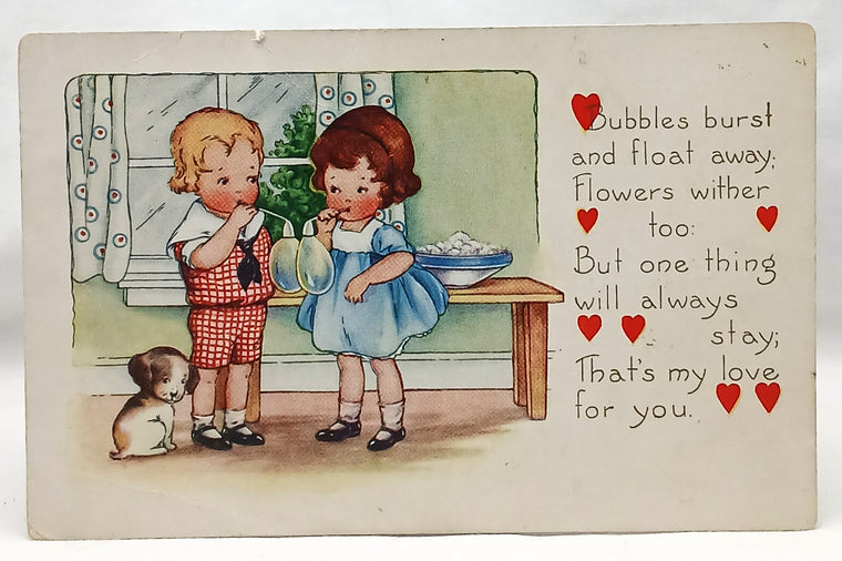 Antique Vintage Valentine Postcard, Little Boy and Girl Blowing Bubbles with Puppy Dog Watching Whitney Pub