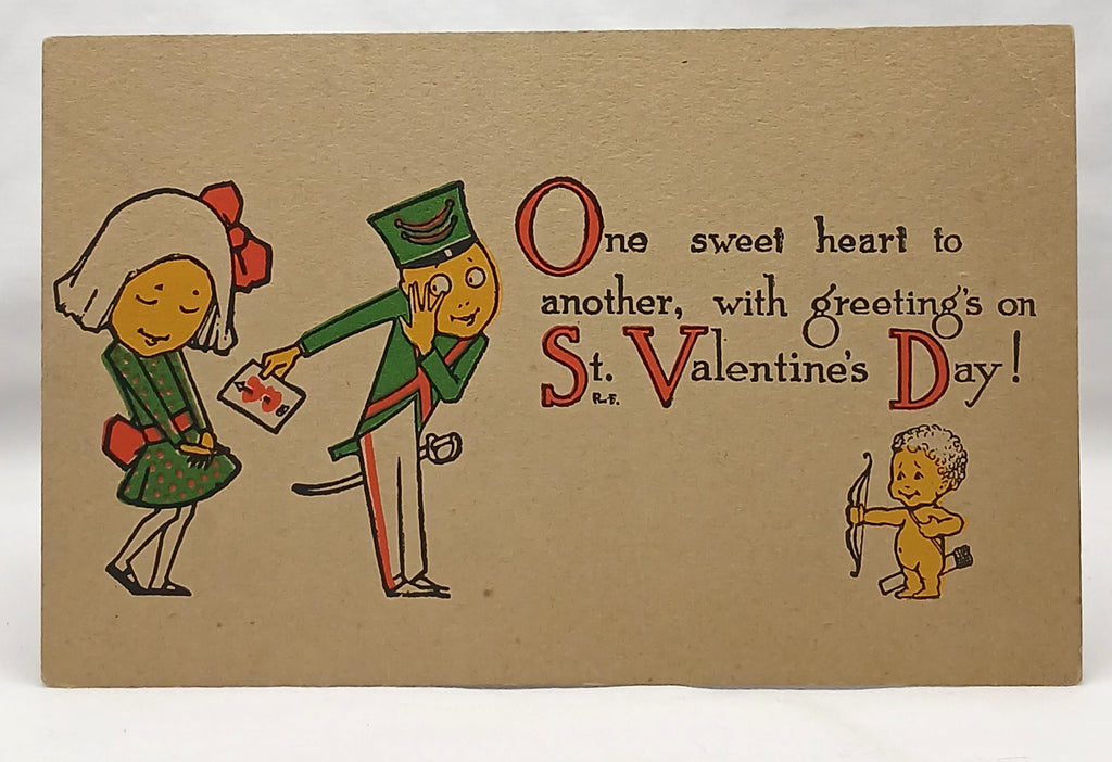 Antique Vintage Valentine Postcard, Soldier Handing Girl Card with Cupid Watching Artist Initialed Gibson Publishing