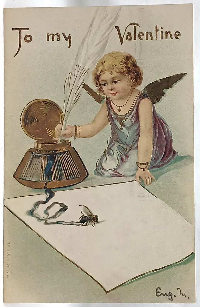 Antique Vintage Valentine Postcard, Cupid in Purple Gown Penning a Letter with Gold Highlights, Series 542