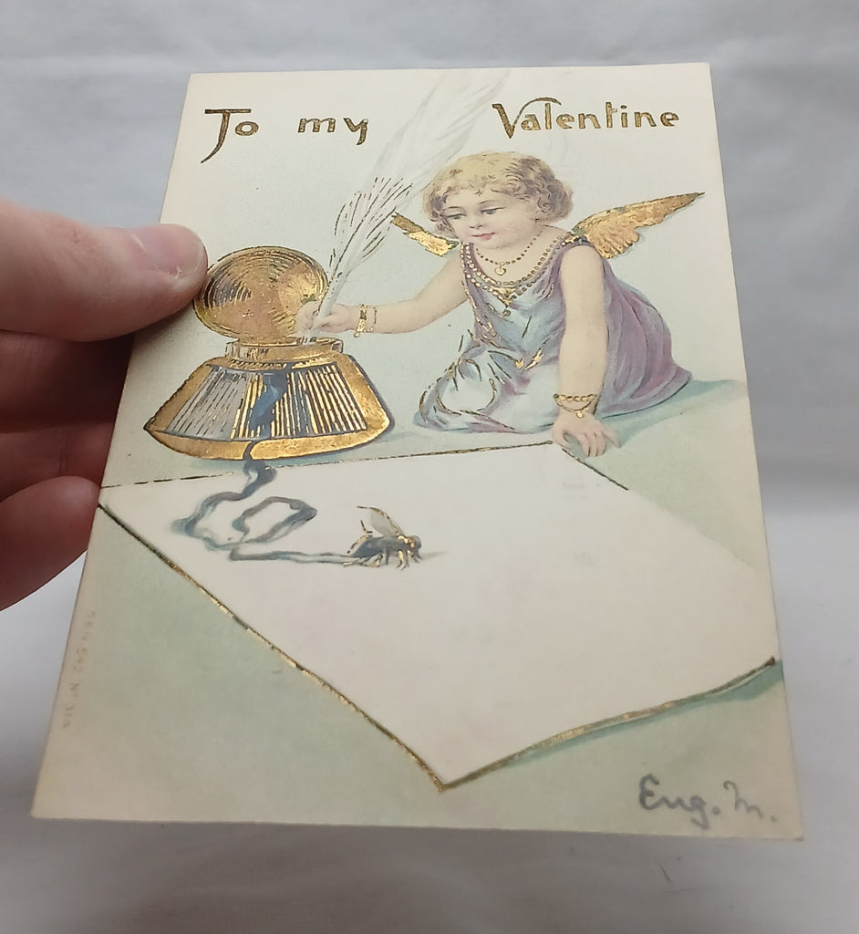 Antique Vintage Valentine Postcard, Cupid in Purple Gown Penning a Letter with Gold Highlights, Series 542