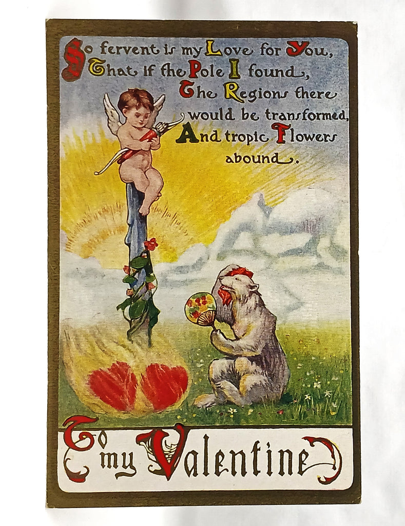 Antique Vintage Valentine Postcard, Cupid with Polar Bear & Poem Gold Border