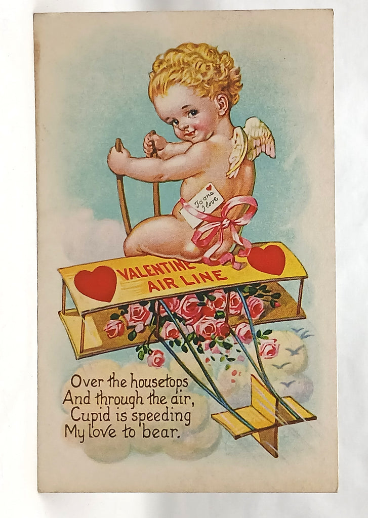 Antique Vintage Valentine Postcard, Cupid Piloting Bi-Plane Filled with Pink Roses