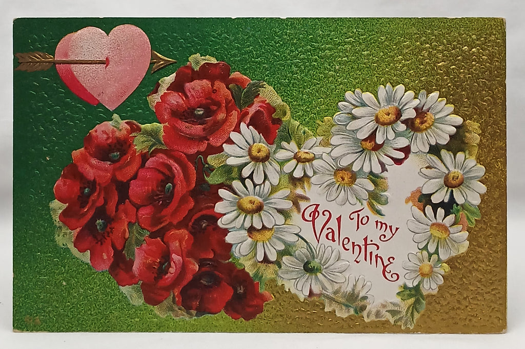 Antique Vintage Valentine Postcard, Double Hearts with Flowers Textured Background Gold Green Series No 4