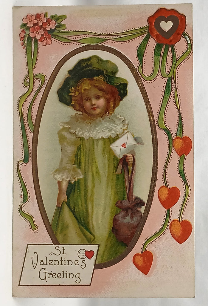 Antique Vintage Valentine Postcard, Little Girl in Green Gown Red Hearts Embossed Card