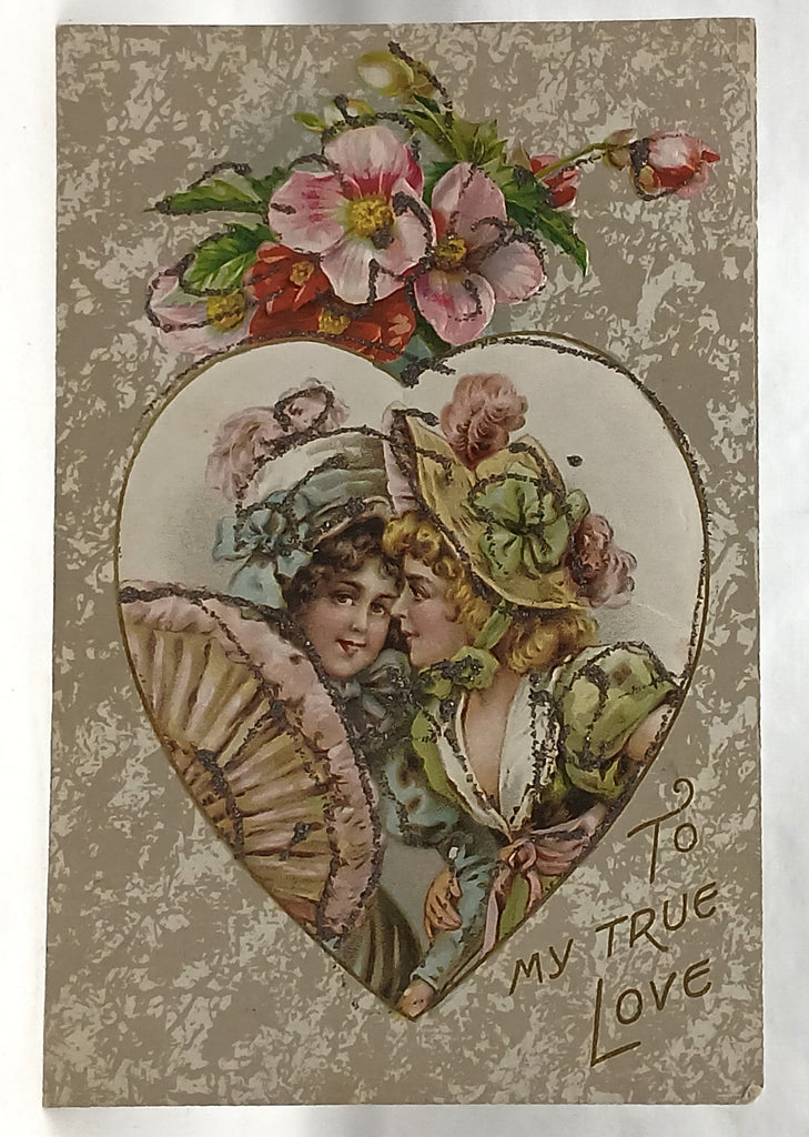 Antique Vintage German Valentine Postcard, Two Edwardian Women Talking Behind Fans, Art Nouveau Glitter Applied Card Winsch Pub