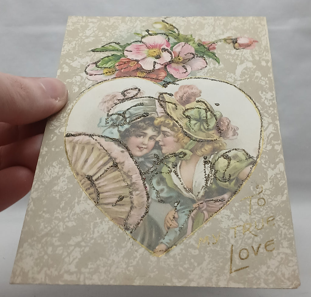 Antique Vintage German Valentine Postcard, Two Edwardian Women Talking Behind Fans, Art Nouveau Glitter Applied Card Winsch Pub