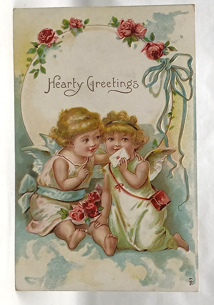 Antique Vintage Valentine Postcard, Cupid Cherubs Whispering in Clouds, German Embossed Post Card Series 963