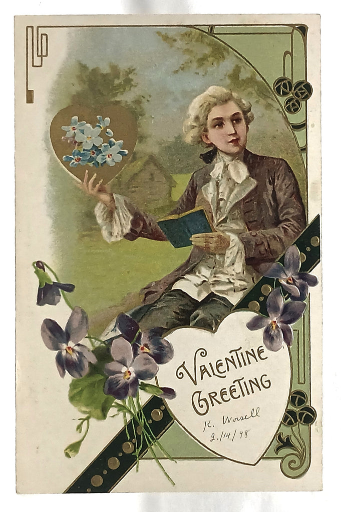 Antique Vintage German Valentine Postcard, Colonial Dressed Man Holding Gold Heart & Golden Highlights John Winsch Pub