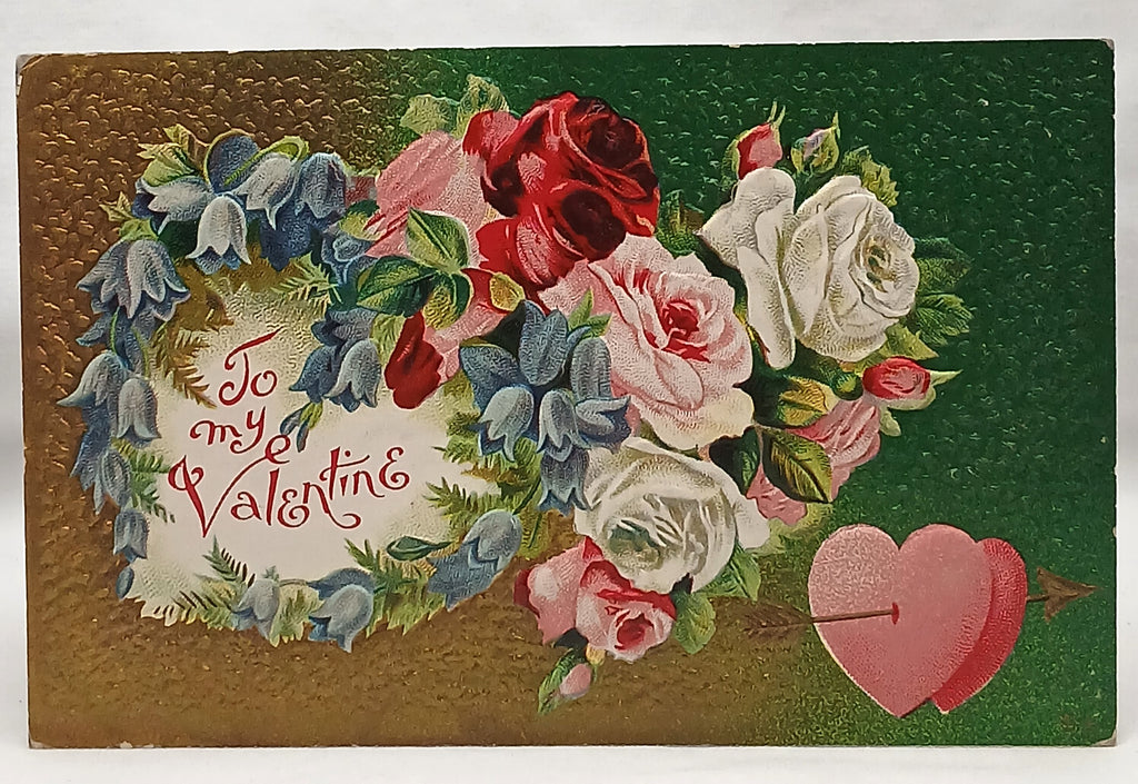 Antique Vintage Valentine Postcard, Double Hearts with Flowers and Roses Textured Background Gold Green Series No 4