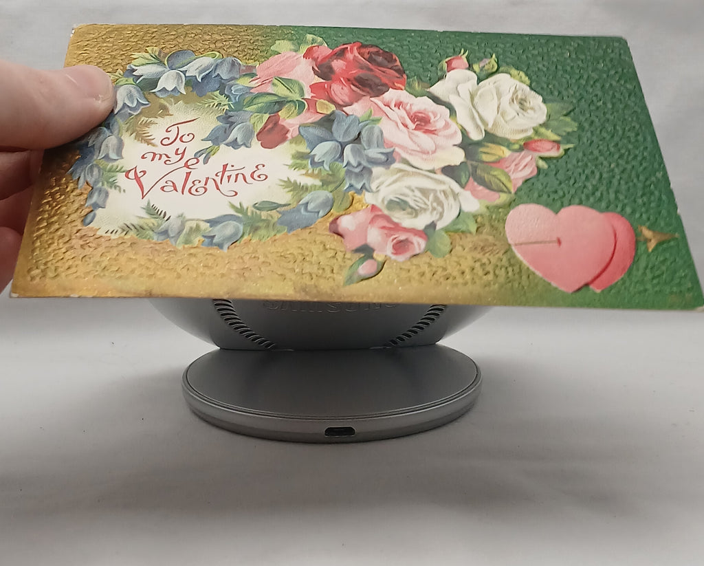 Antique Vintage Valentine Postcard, Double Hearts with Flowers and Roses Textured Background Gold Green Series No 4