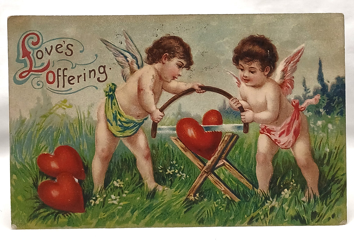 Antique Vintage Valentine Postcard, Cupid Cherubs Sawing a Red Heart, German Embossed Post Card Series 182