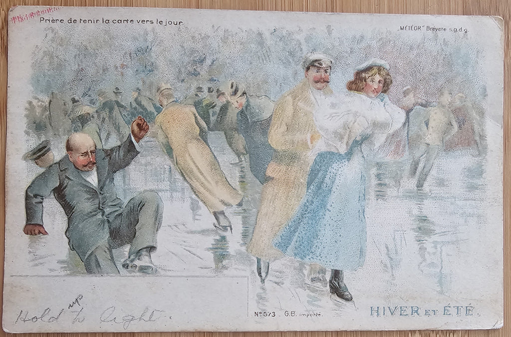 Antique Novelty Hold To Light Postcard, German HTL Card with Ice Skating Couple in Snow Light Changes Card to Couple Riding Bike in Forest