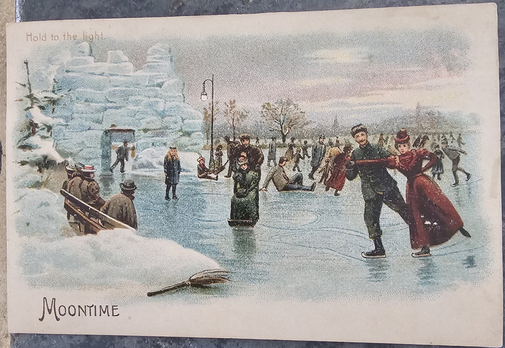 Antique Novelty Hold To Light Postcard, German HTL Card with Ice Skating Couples Under Moon Light Makes Snow Glow Moon Time is Spoon Time