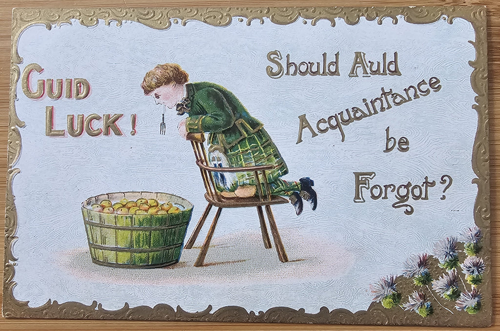 Halloween Postcard, Holiday Gold Embossed Post Card, Child in Green Bobbing For Apples Guid Luck Series 2040