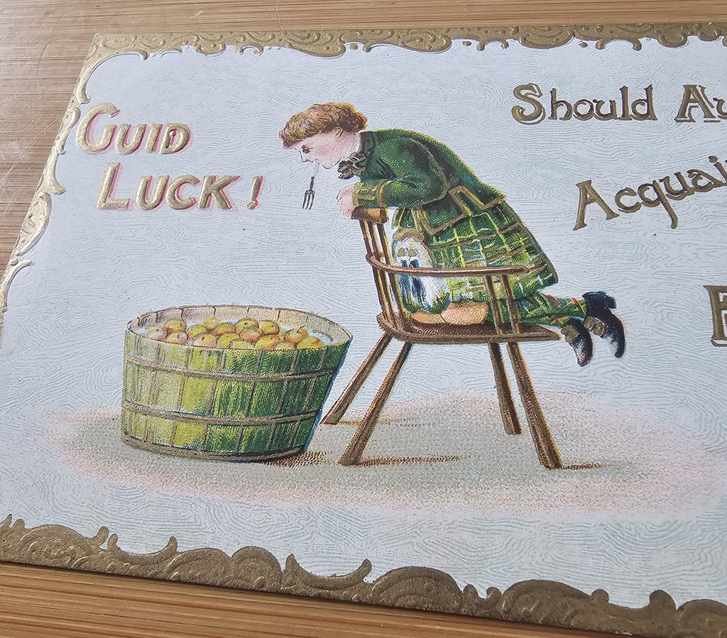 Halloween Postcard, Holiday Gold Embossed Post Card, Child in Green Bobbing For Apples Guid Luck Series 2040