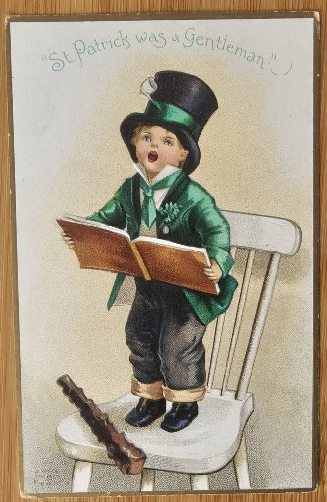 Saint Patrick's Day Postcard, Irish Themed Holiday Card, St Patrick Little Boy in Green Singing on Chair Artist Ellen Clapsaddle