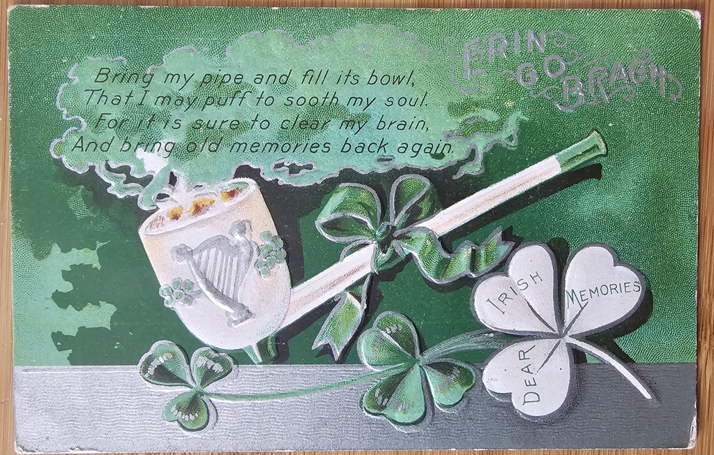 St Patrick's Day Postcard, Irish Holiday Card, Saint Patrick Silver Embossed White Pipe with Shamrock Clover Series 2