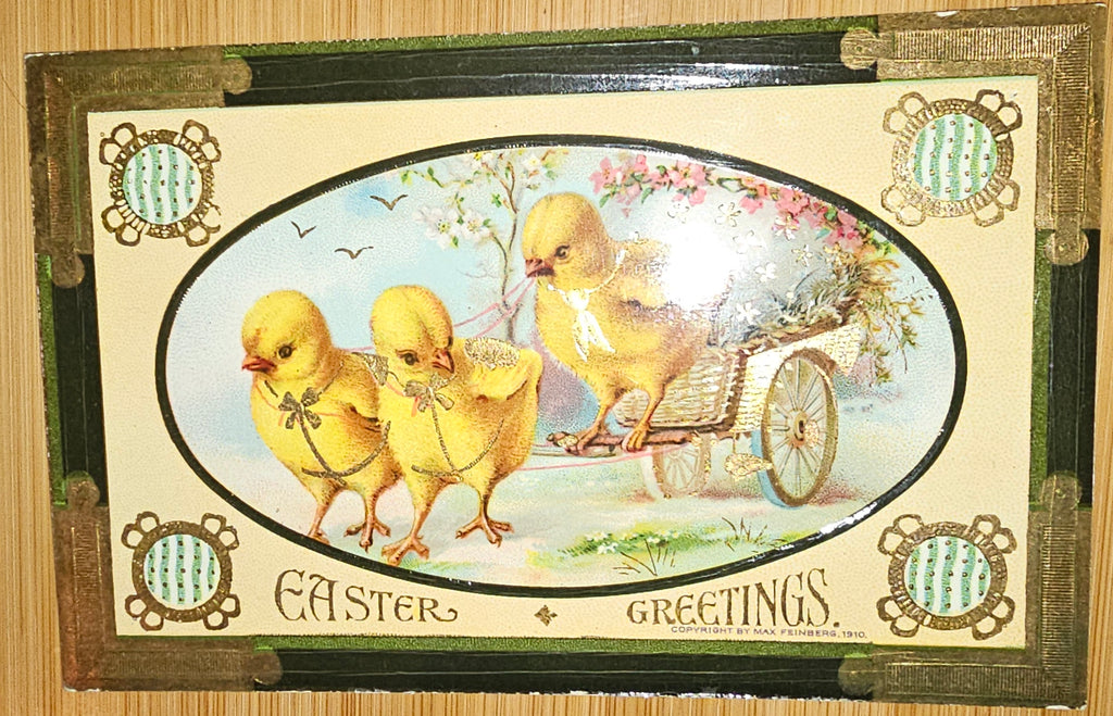 Antique Easter Postcard, Vintage Holiday Post Card, Baby Chicks Pulling Flowers Egg Wagon Gel Finish Gold Border Max Feinberg Pub