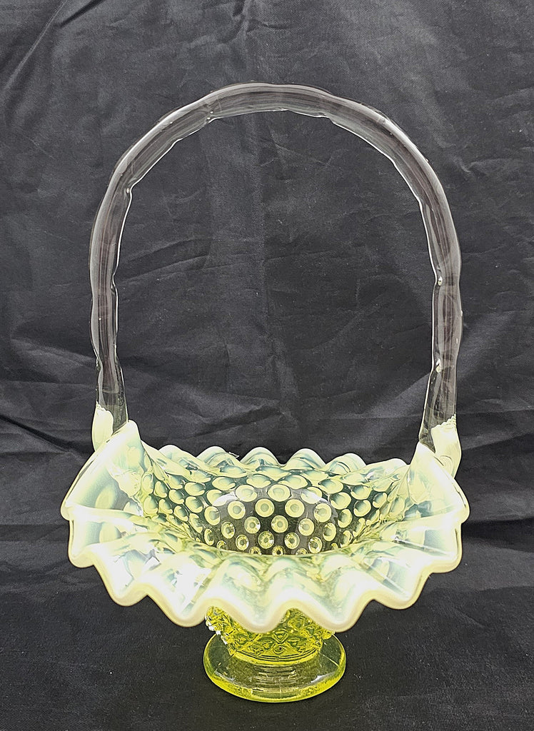 Fenton Vaseline Glass Opalescent Yellow Topaz Hobnail Ruffle Basket