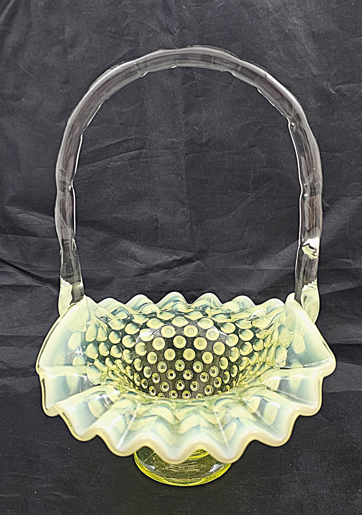 Fenton Vaseline Glass Opalescent Yellow Topaz Hobnail Ruffle Basket