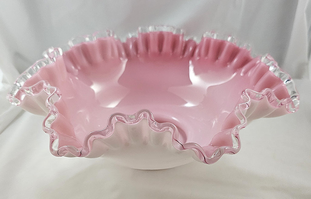 Fenton Art Glass Bride's Bowl Pink White Cased Silvercrest Trim