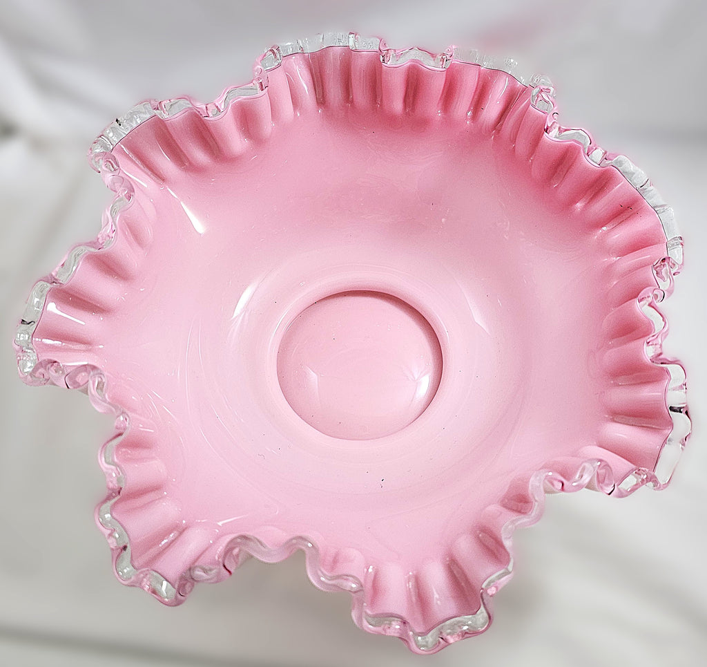 Fenton Art Glass Bride's Bowl Pink White Cased Silvercrest Trim