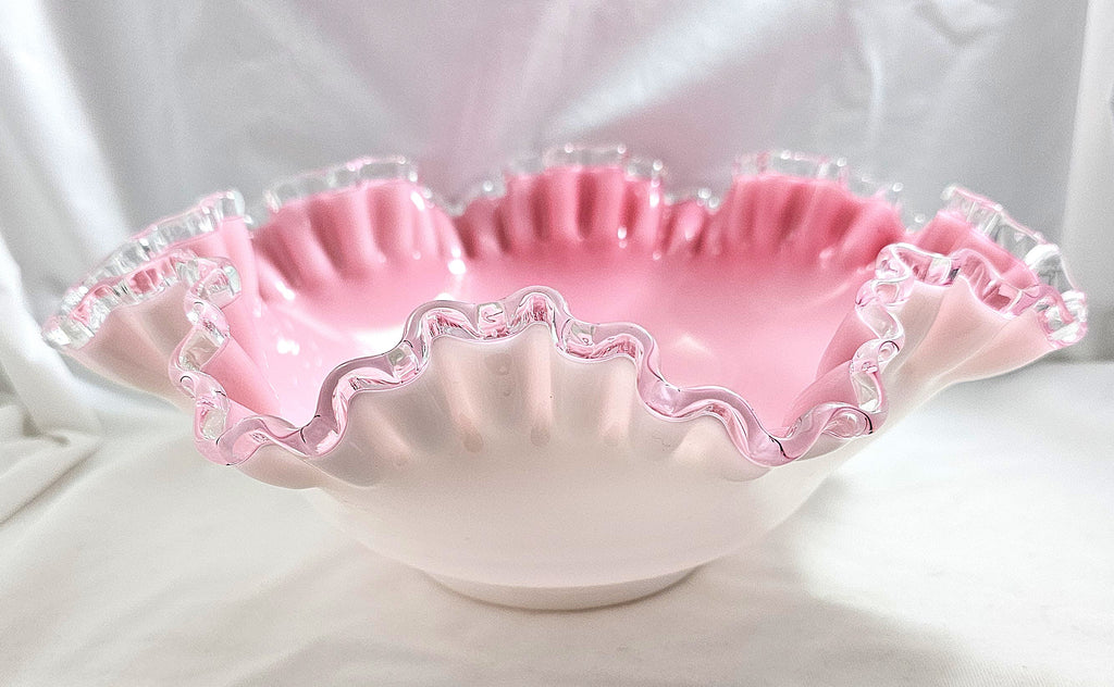 Fenton Art Glass Bride's Bowl Pink White Cased Silvercrest Trim