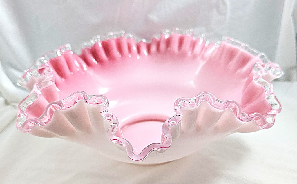 Fenton Art Glass Bride's Bowl Pink White Cased Silvercrest Trim