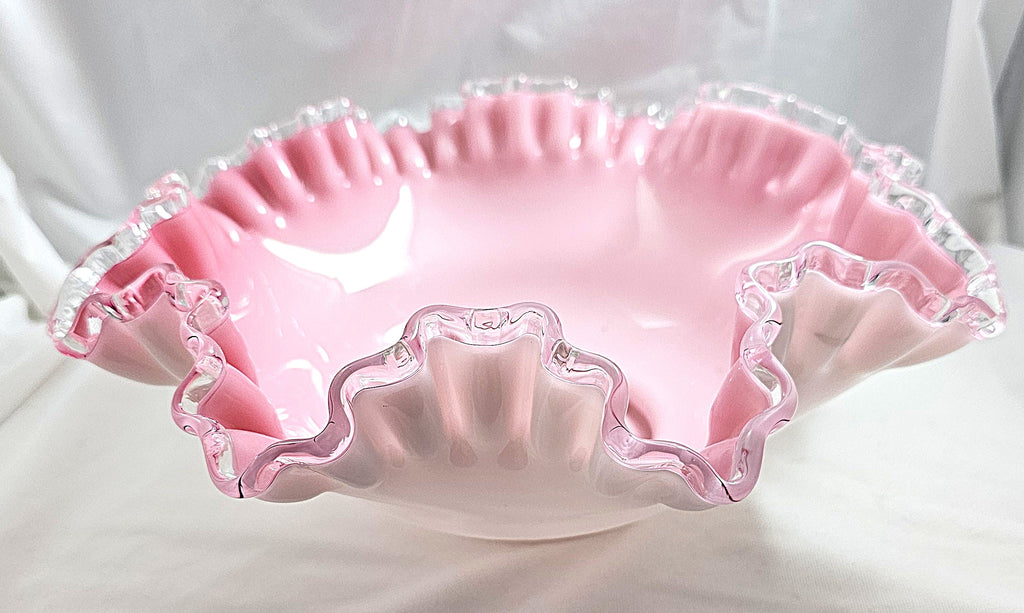 Fenton Art Glass Bride's Bowl Pink White Cased Silvercrest Trim