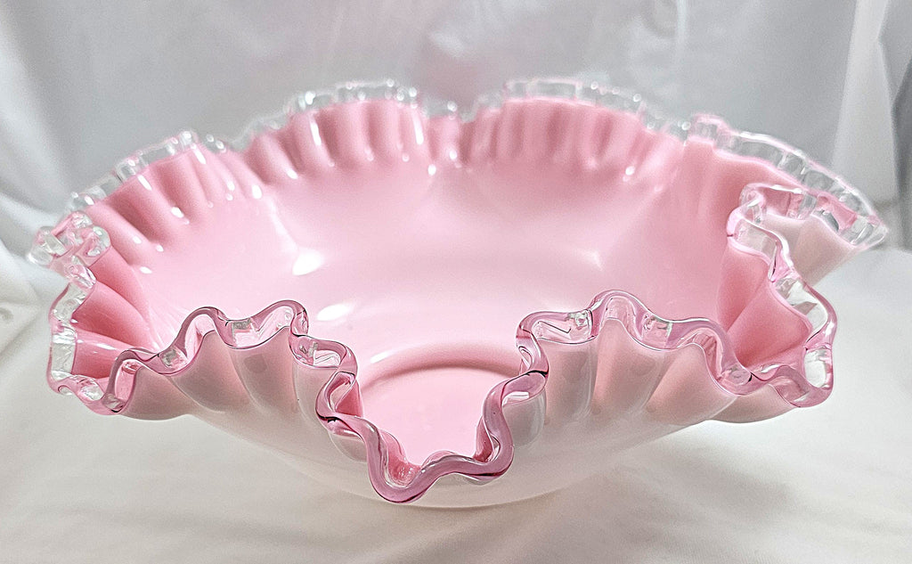 Fenton Art Glass Bride's Bowl Pink White Cased Silvercrest Trim