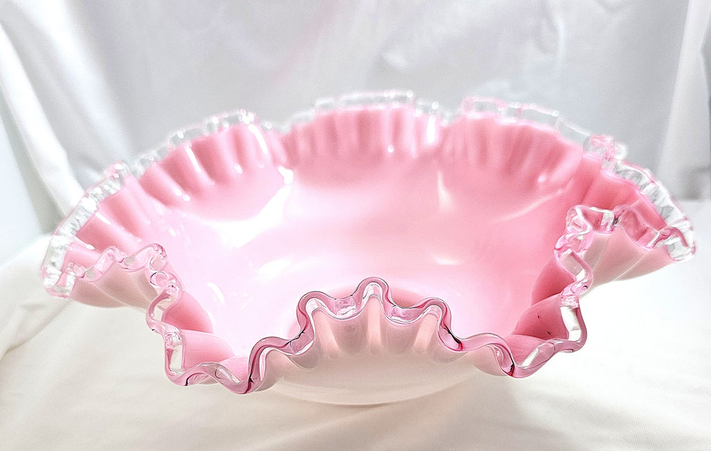 Fenton Art Glass Bride's Bowl Pink White Cased Silvercrest Trim