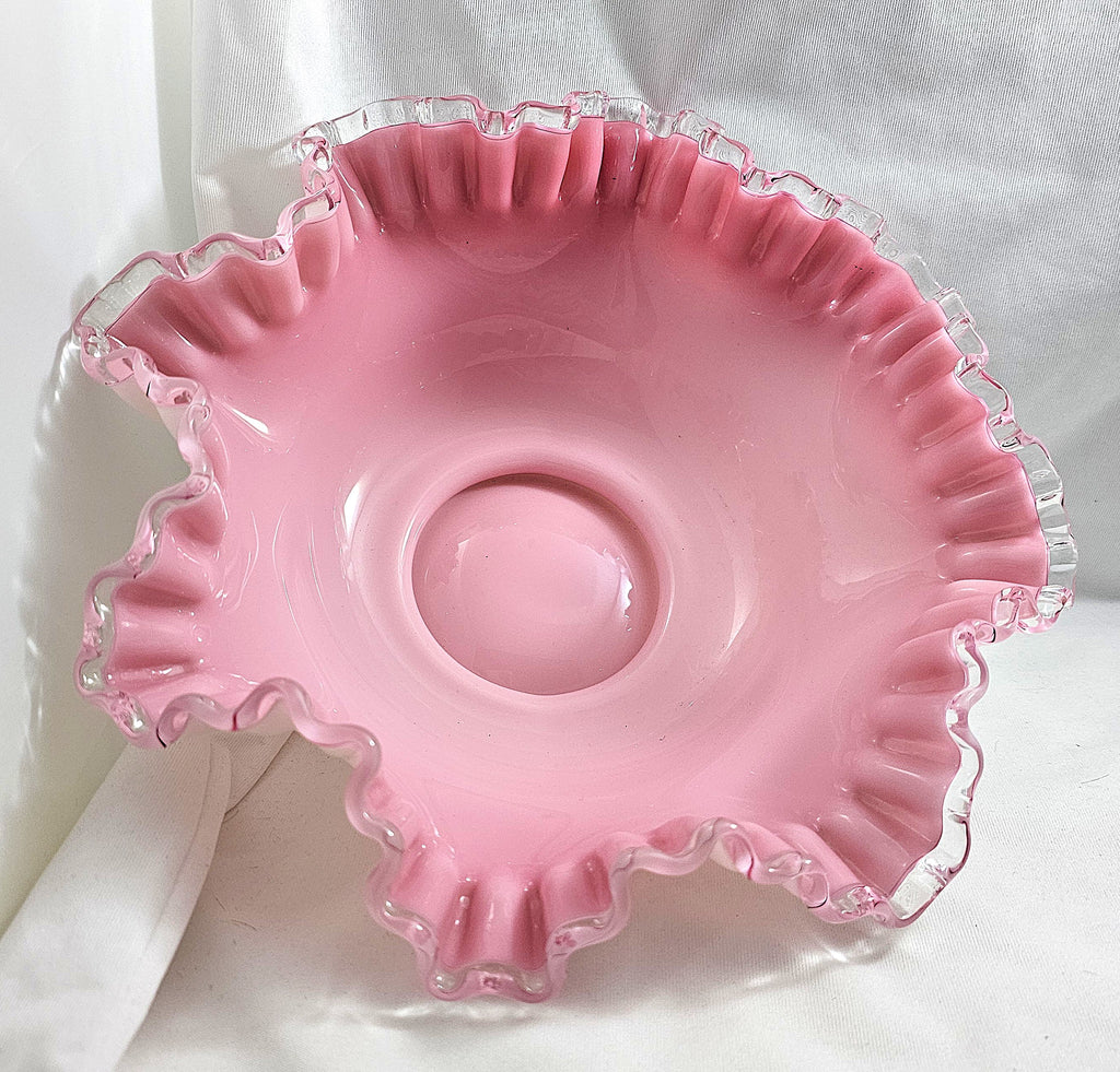 Fenton Art Glass Bride's Bowl Pink White Cased Silvercrest Trim