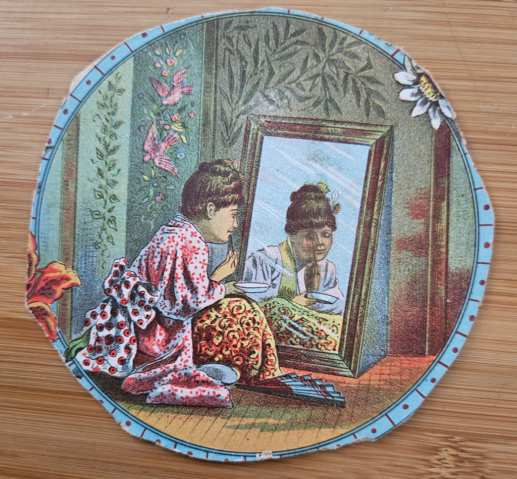 Die Cut Asian Woman in Kimono Applying Makeup in Mirror 1800s Scrap