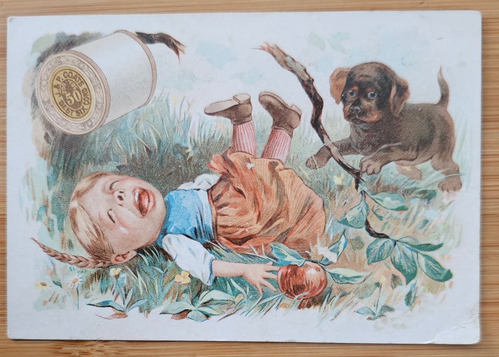 Advertising Trade JP Coats Thread Little Girl Crying with Puppy