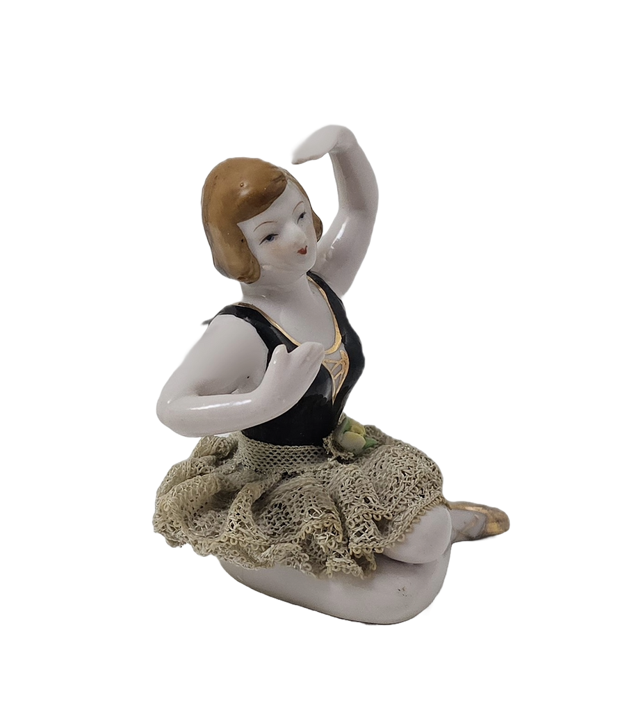 Porcelain Bisque Bathing Beauty Seated Ballerina Dresden Lace Skirt