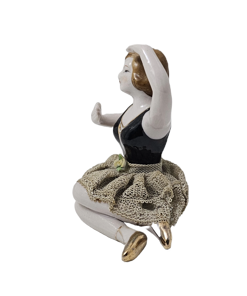 Porcelain Bisque Bathing Beauty Seated Ballerina Dresden Lace Skirt
