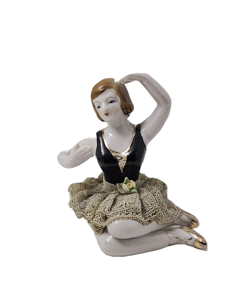 Porcelain Bisque Bathing Beauty Seated Ballerina Dresden Lace Skirt