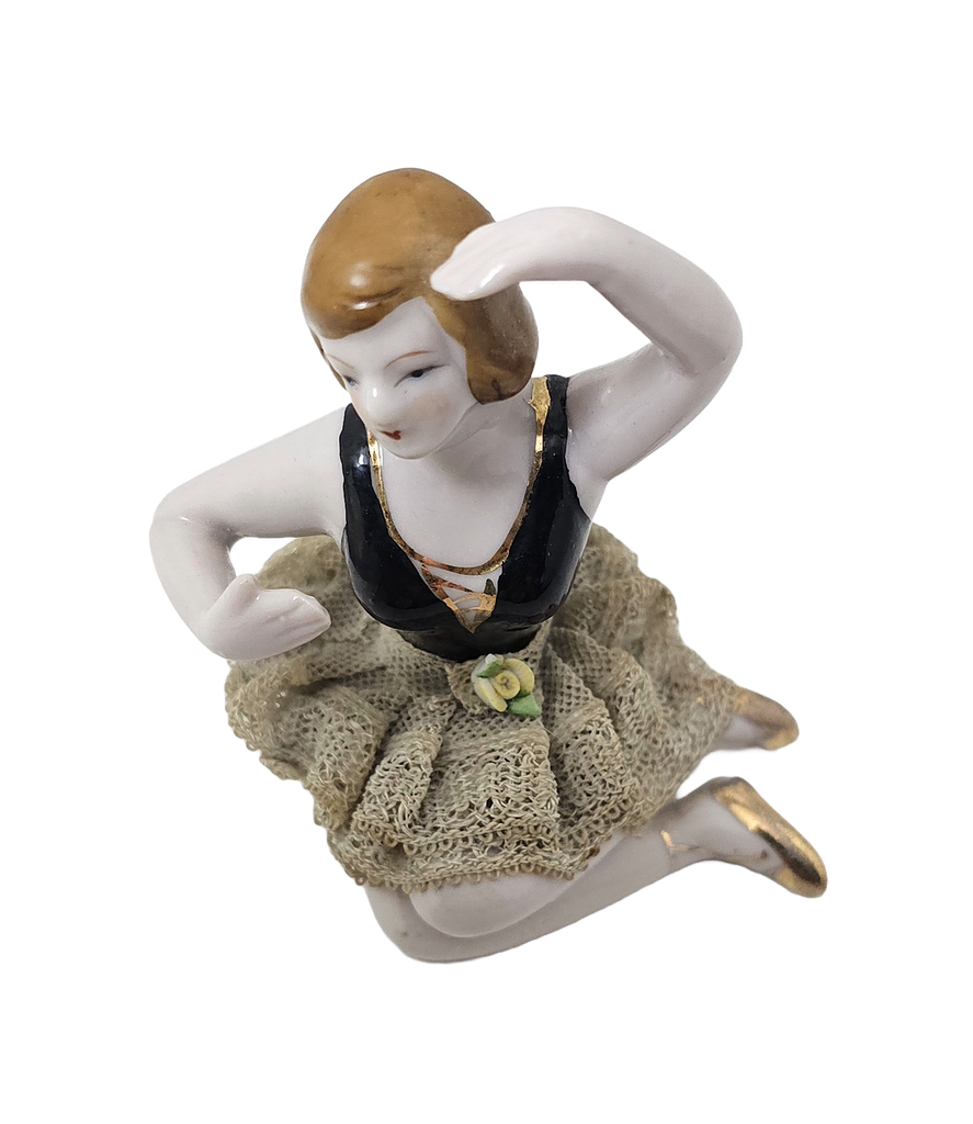 Porcelain Bisque Bathing Beauty Seated Ballerina Dresden Lace Skirt