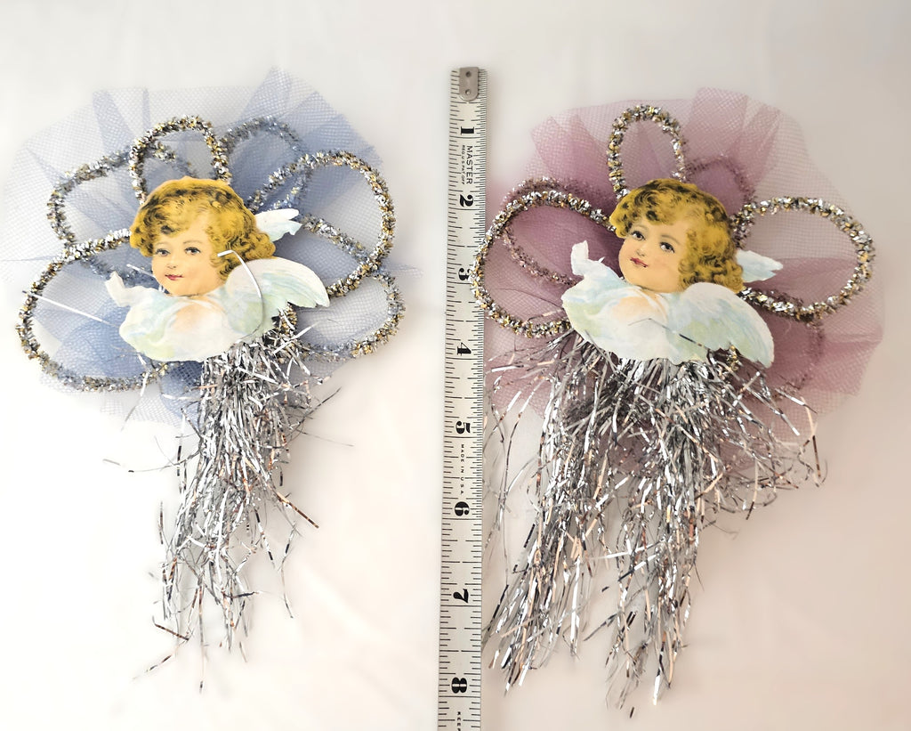 Pair of Antique Tinsel Ornaments with Applied Victorian Die Cut Clapsaddle Angels